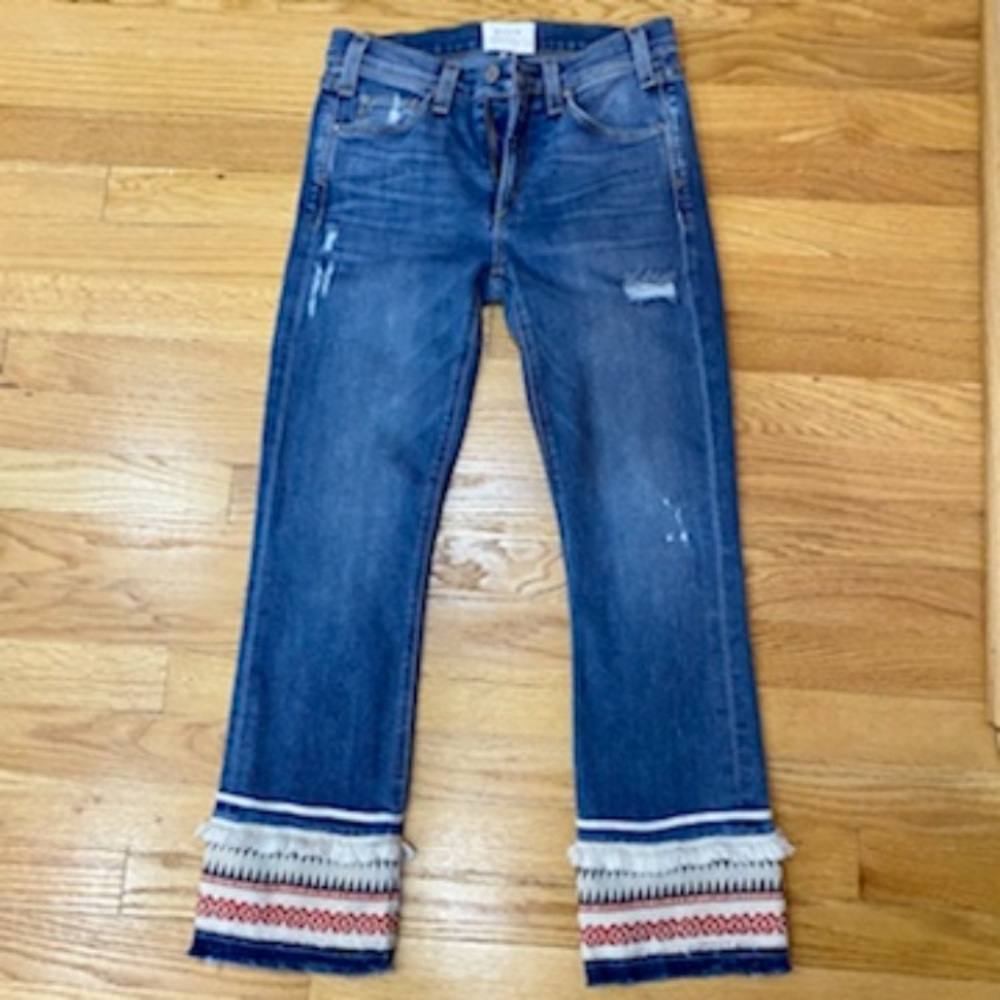 McGuire Denim. Distressed Straight Leg Cropped Jeans w/ Fringe & Patterned Hem.